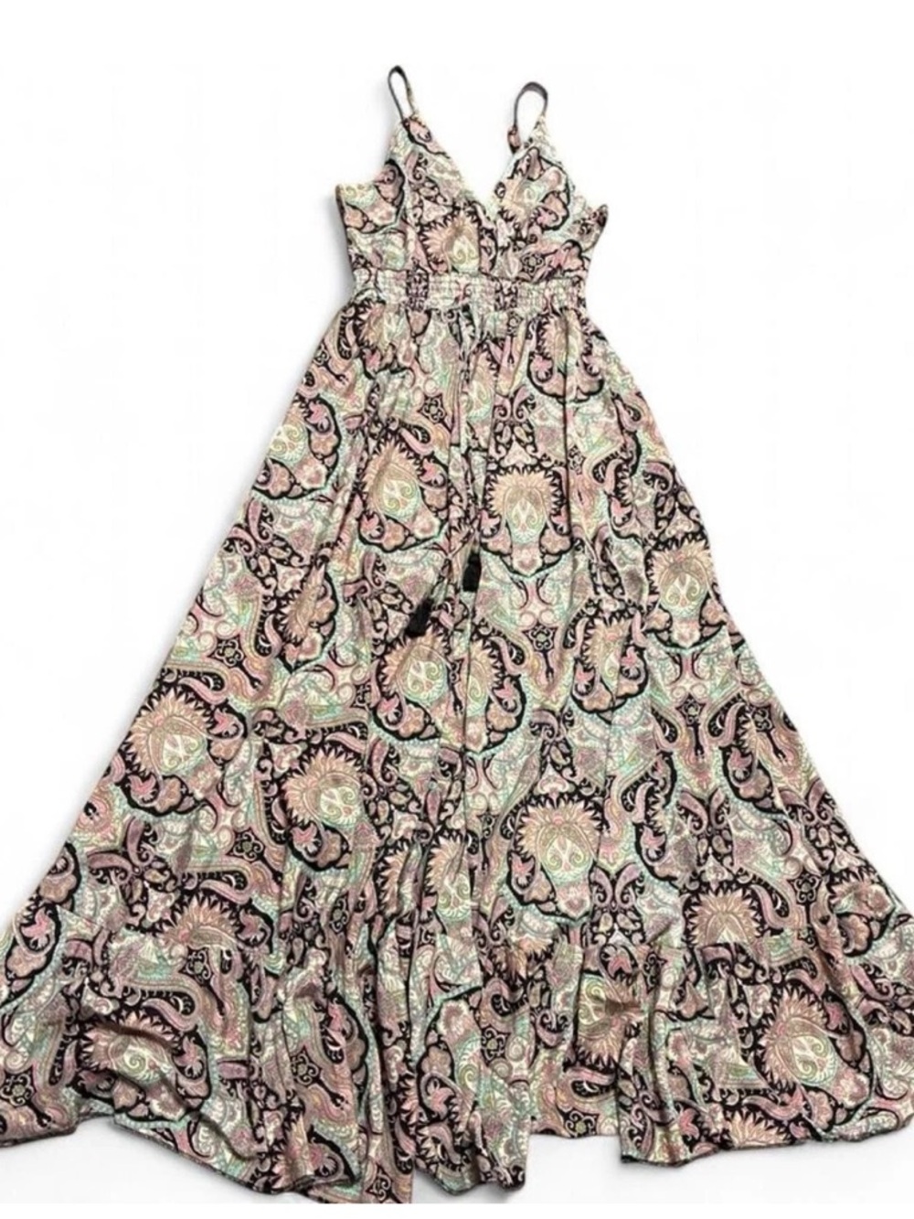 Boho Paisley Maxi Dress S/M Smocked Waist Festival Summer Flowy